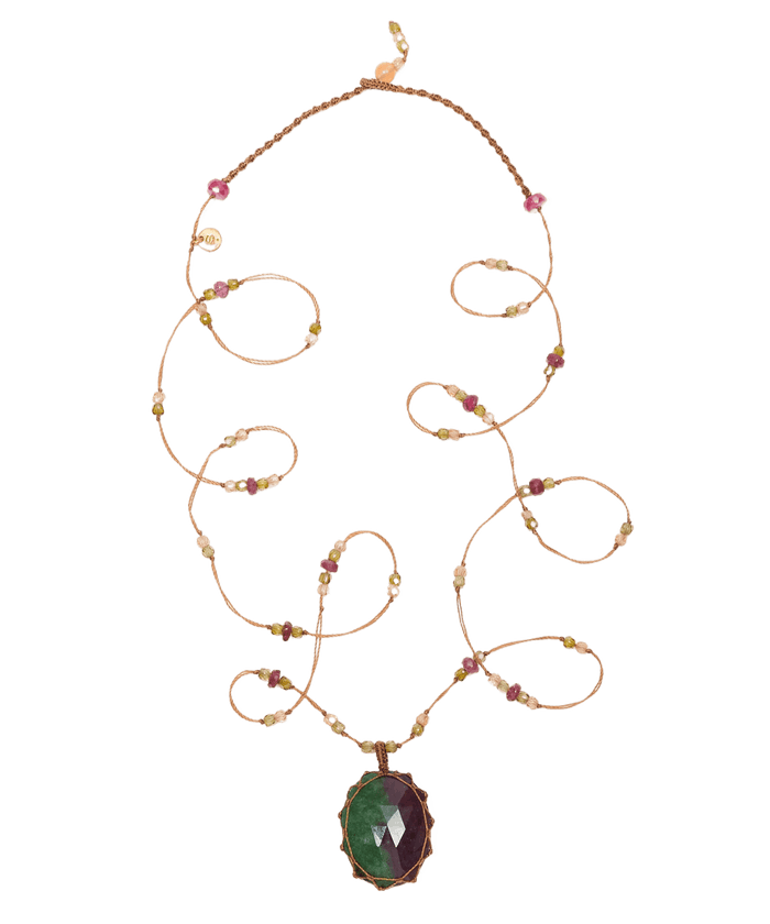Long Tibetan Necklace - Ruby Zoïsite - Mixed Tourmaline - Tobacco Thread