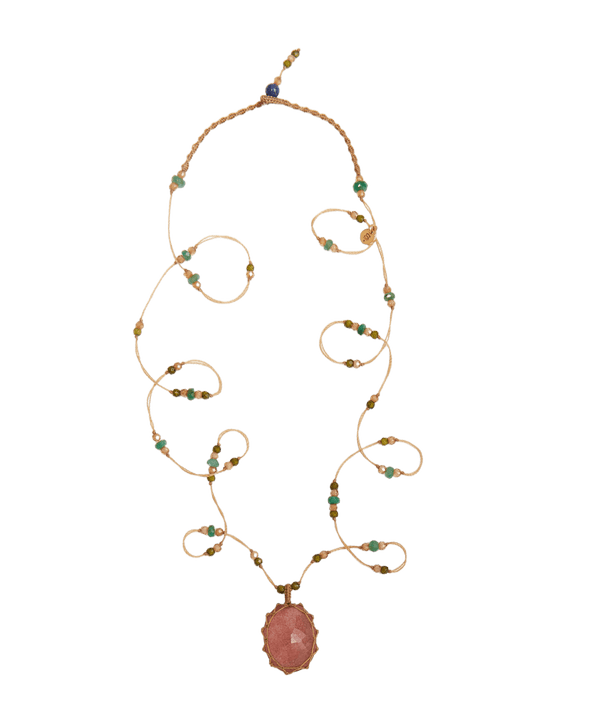 Collana Lunga Tibetana - Quarzo Fragola Verde - Mix Multi Pietre - Filo Tabacco