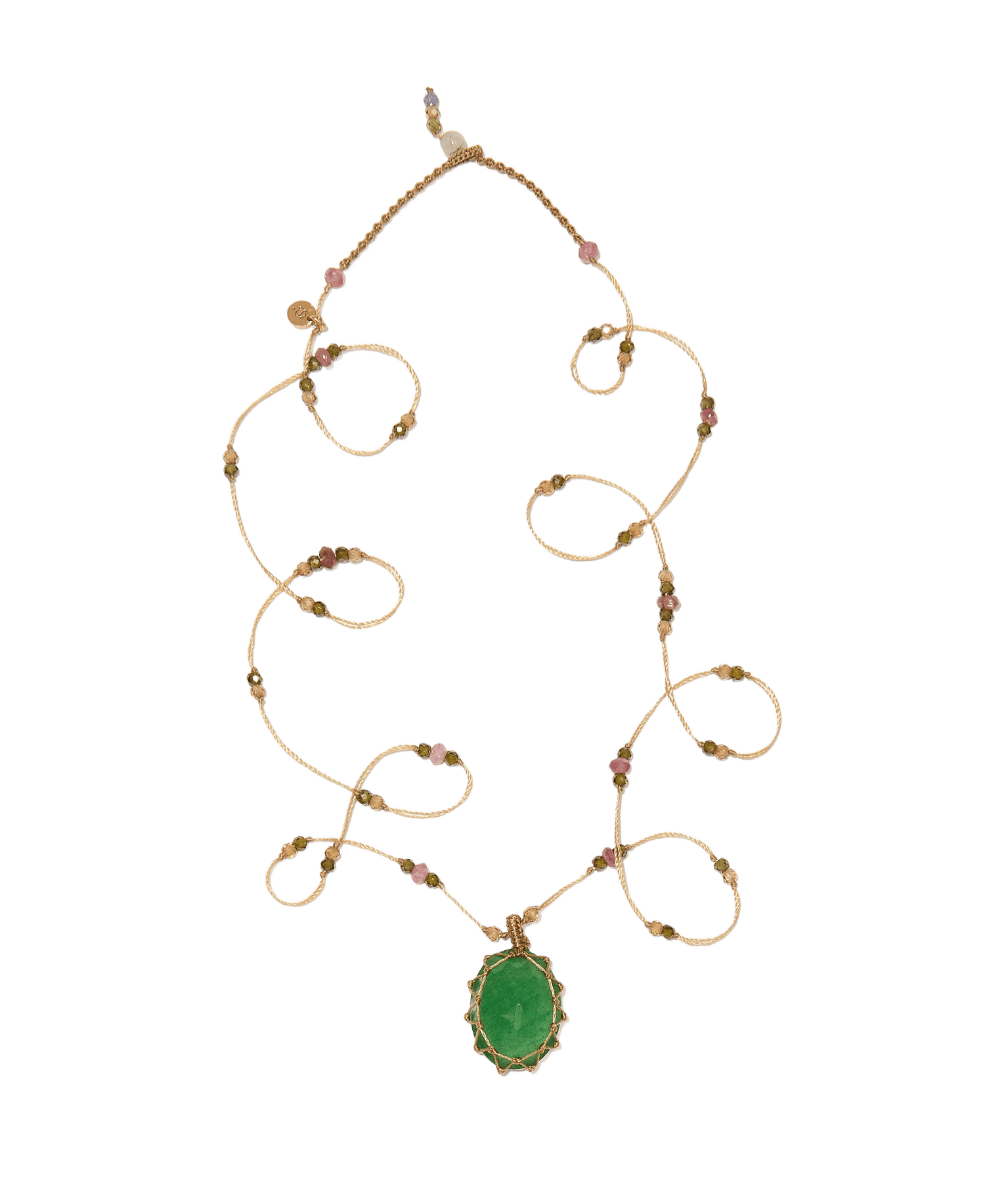 Sautoir Tibétain Sharing en Quartz Fraise Verte, fil beige, 77 cm