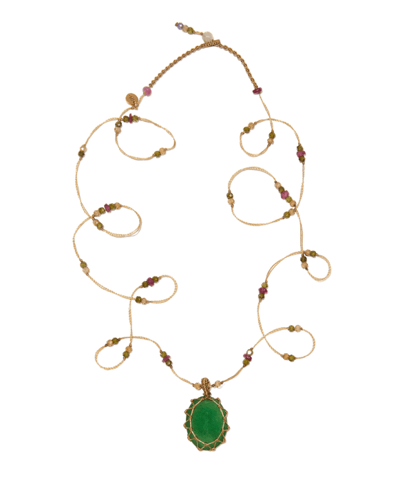 Sautoir Tibétain - Strawberry Quartz Vert - Mix Tourmaline - Fil Beige