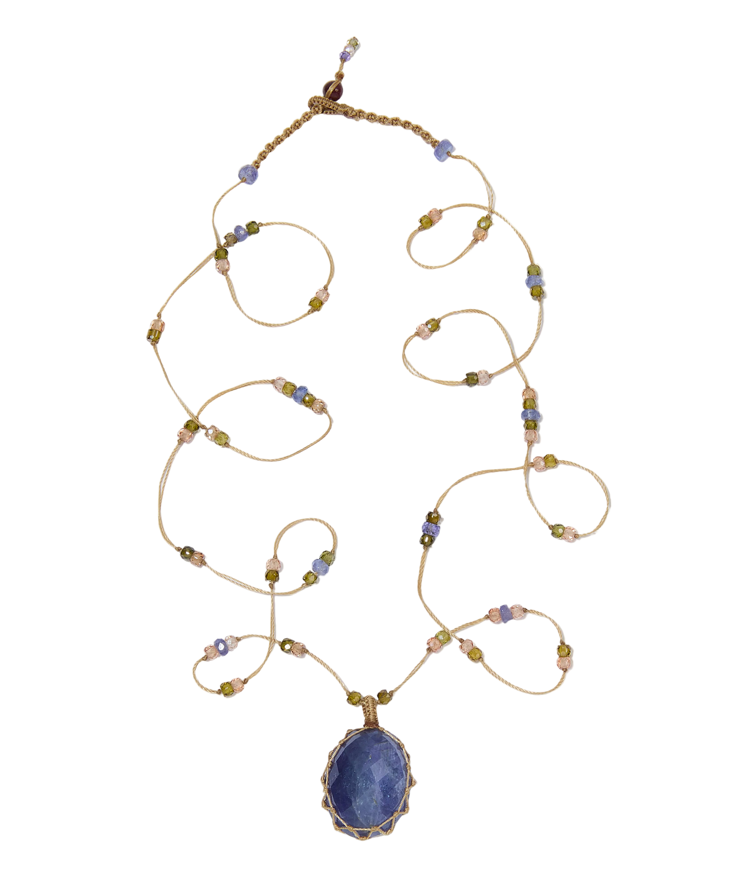 Sautoir Tibétain Sharing en Tanzanite, fil beige, 77 cm