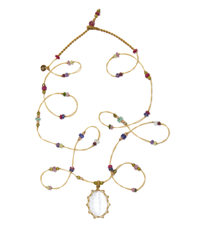 Sautoir tibétain - Crystal Quartz - Mix Multipierre - Fil Beige