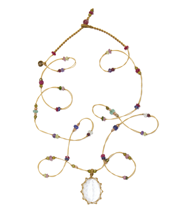 Sautoir tibétain - Crystal Quartz - Mix Multipierre - Fil Beige