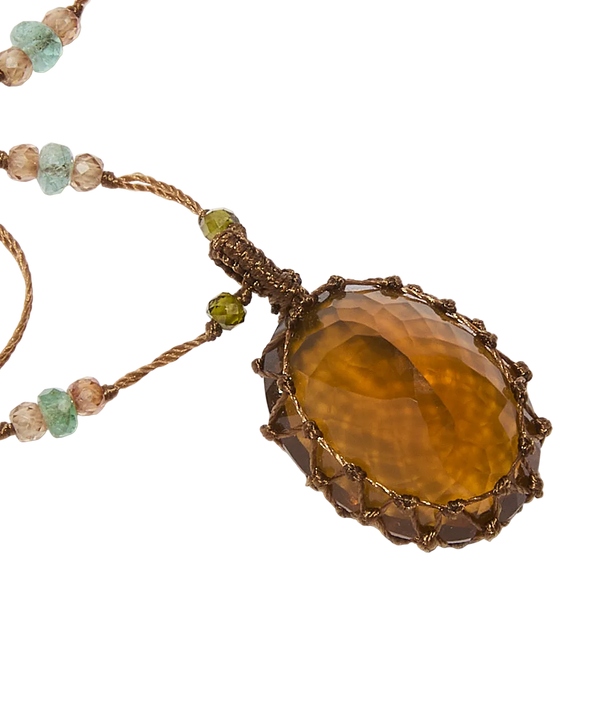 Sautoir tibétain - Honey Quartz - Mix Emeraude - Fil Tabac