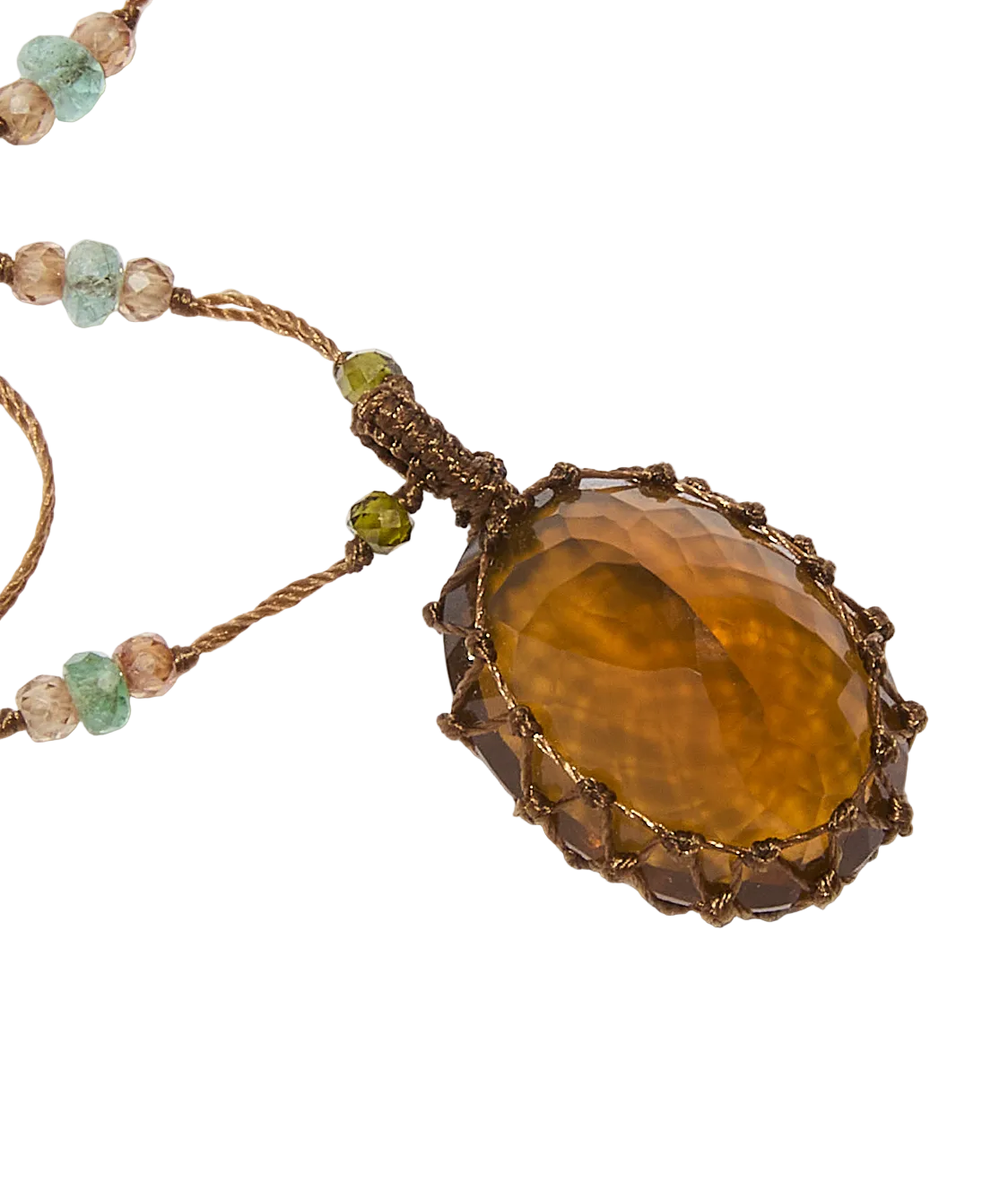Sautoir tibétain - Honey Quartz - Mix Emeraude - Fil Tabac