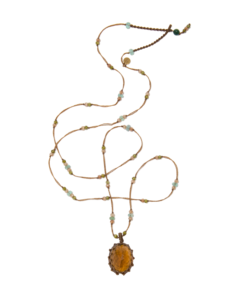 Sautoir tibétain - Honey Quartz - Mix Emeraude - Fil Tabac