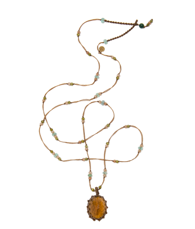 Sautoir tibétain - Honey Quartz - Mix Emeraude - Fil Tabac