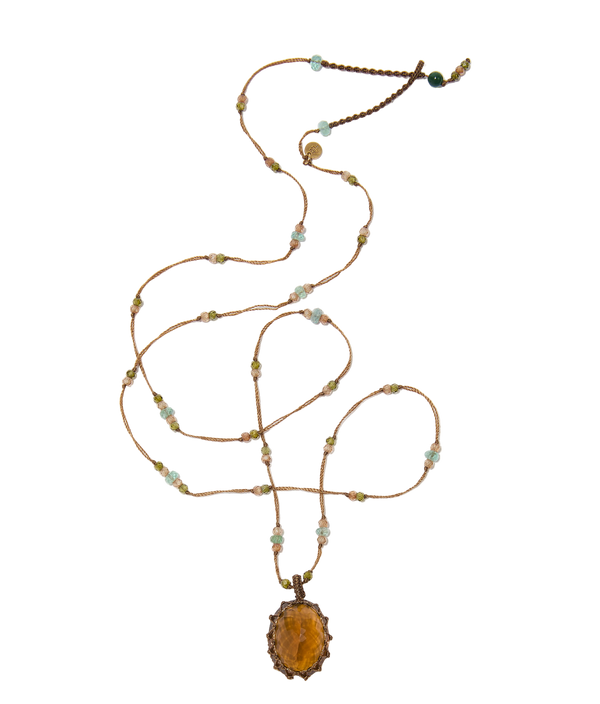 Sautoir tibétain - Honey Quartz - Mix Emeraude - Fil Tabac