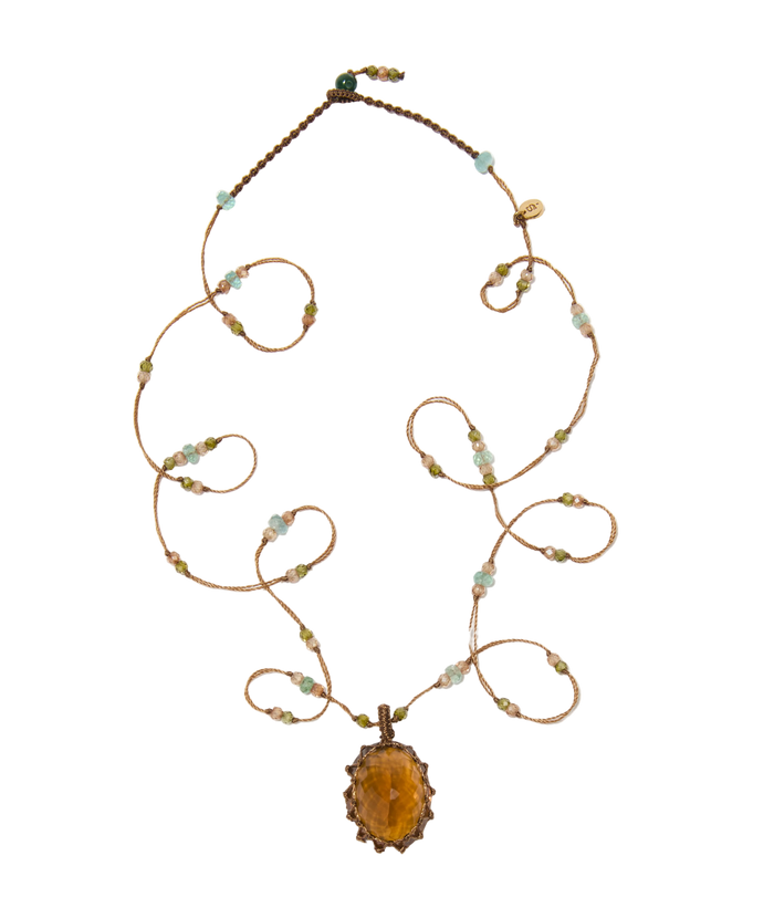 Sautoir tibétain - Honey Quartz - Mix Emeraude - Fil Tabac