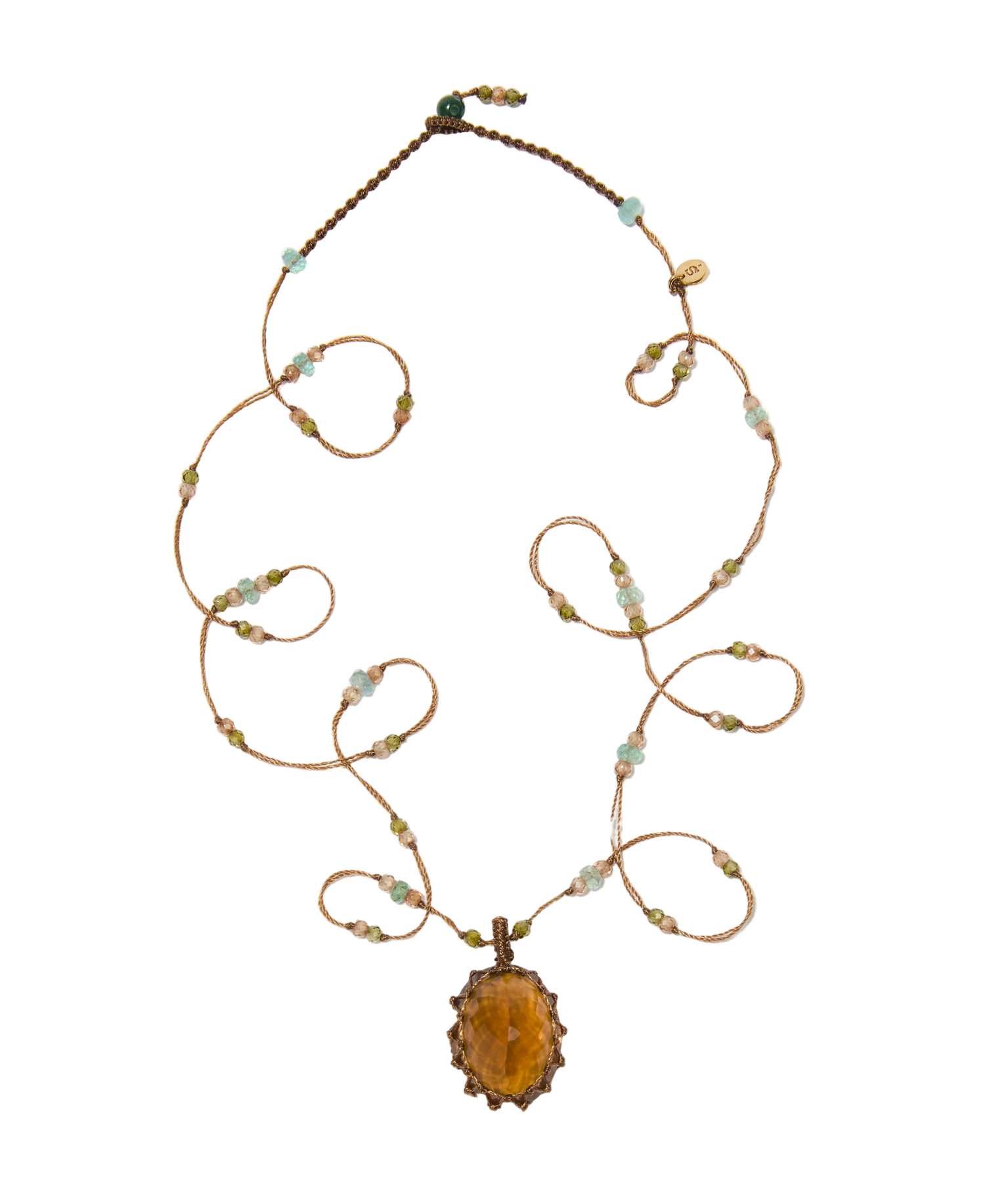 Sautoir tibétain - Honey Quartz - Mix Emeraude - Fil Tabac
