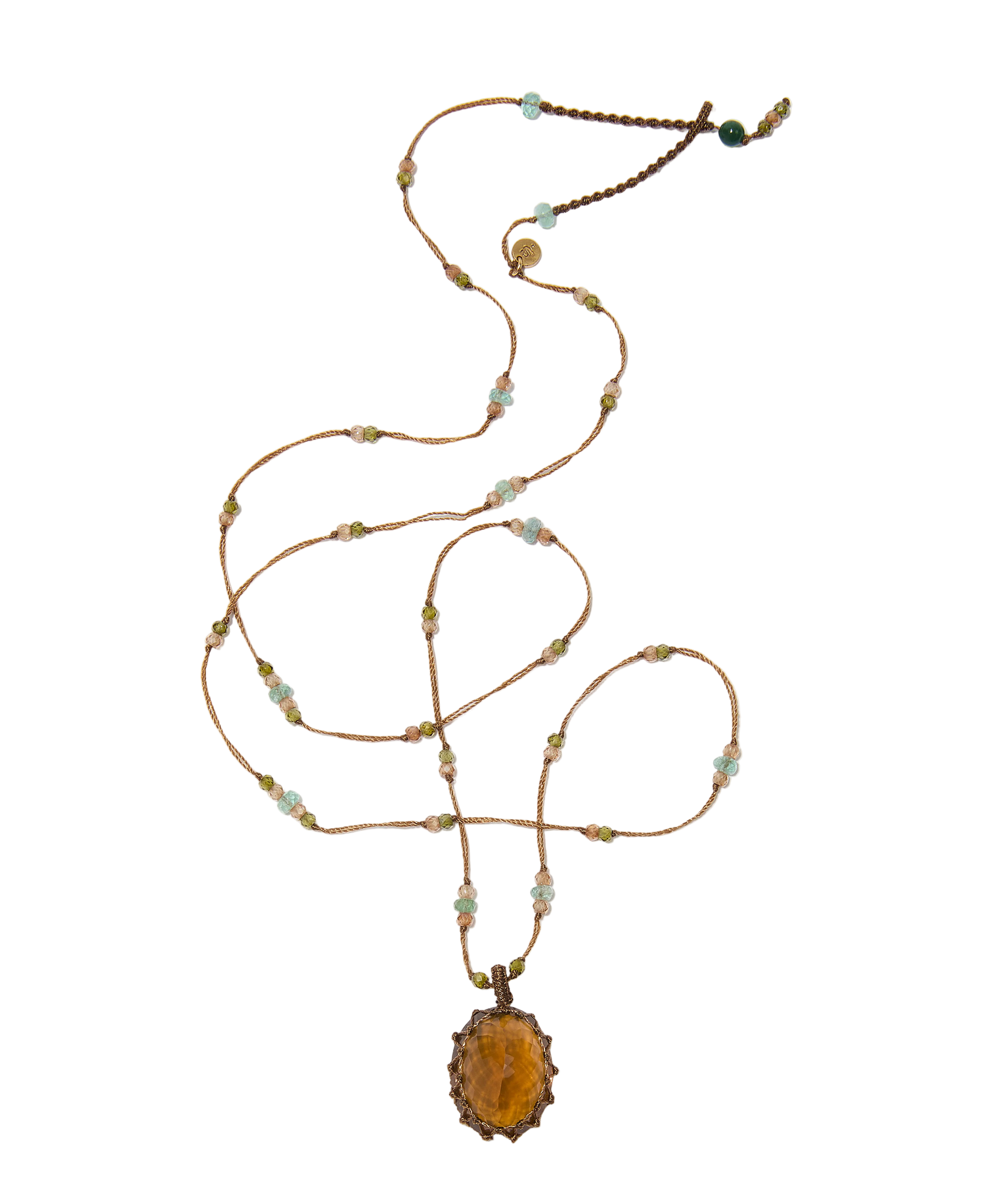 Sautoir tibétain - Honey Quartz - Mix Emeraude - Fil Tabac