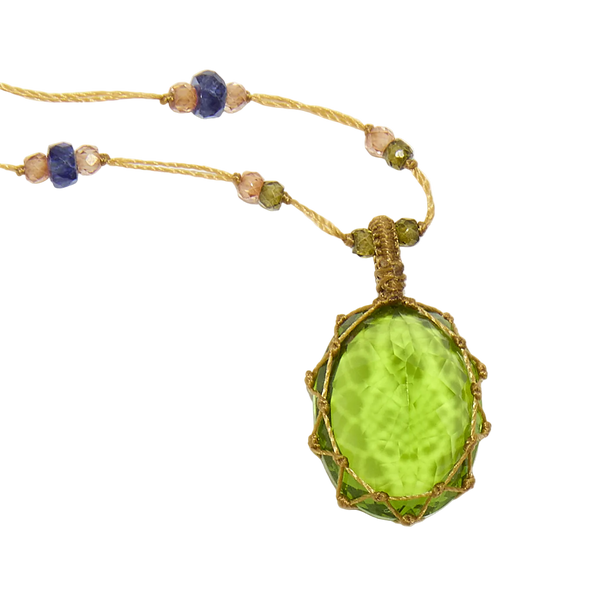 Collier Court Tibétain - Indisches Glas Péridot - Mix Rosen-Tourmalin - Tabakfarbener Faden