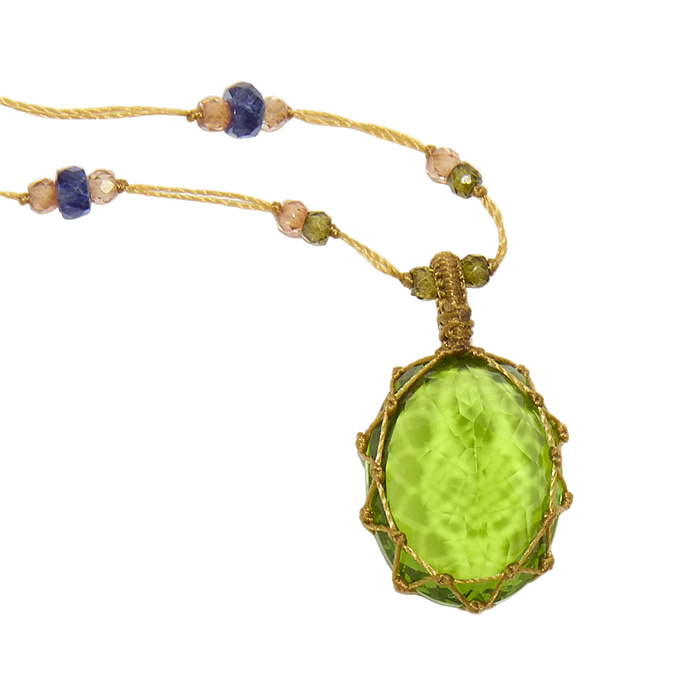 Sautoir tibétain - Indian Glass Péridot - Mix Multipierre - Fil Beige