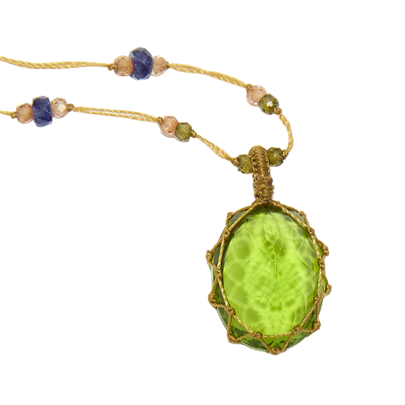 Sautoir tibétain - Indian Glass Péridot - Mix Multipierre - Fil Beige