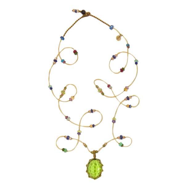 Collier Court Tibétain - Indisches Glas Péridot - Mix Rosen-Tourmalin - Tabakfarbener Faden