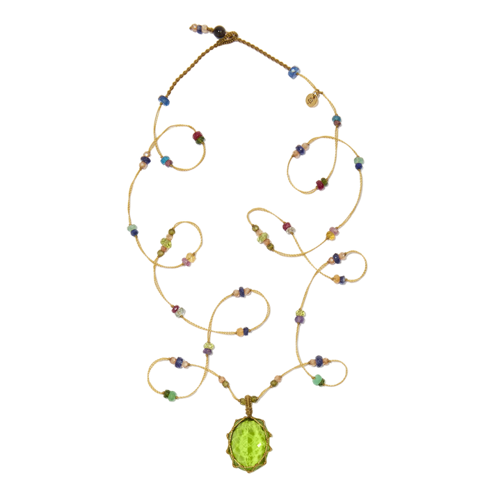 Sautoir tibétain - Indian Glass Péridot - Mix Multipierre - Fil Beige