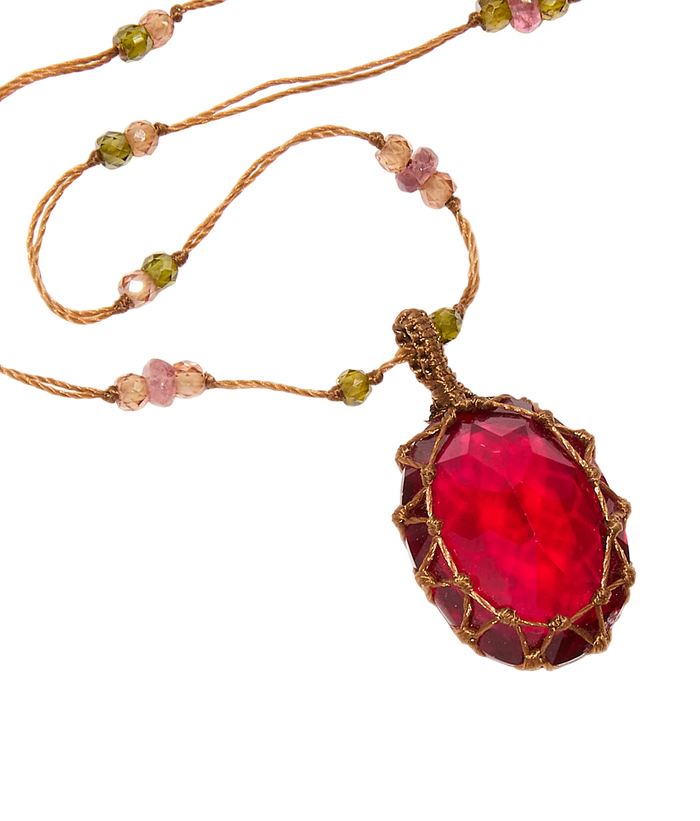 Sautoir tibétain - Indian Glass Rouge - Mix Tourmaline - Fil Tabac