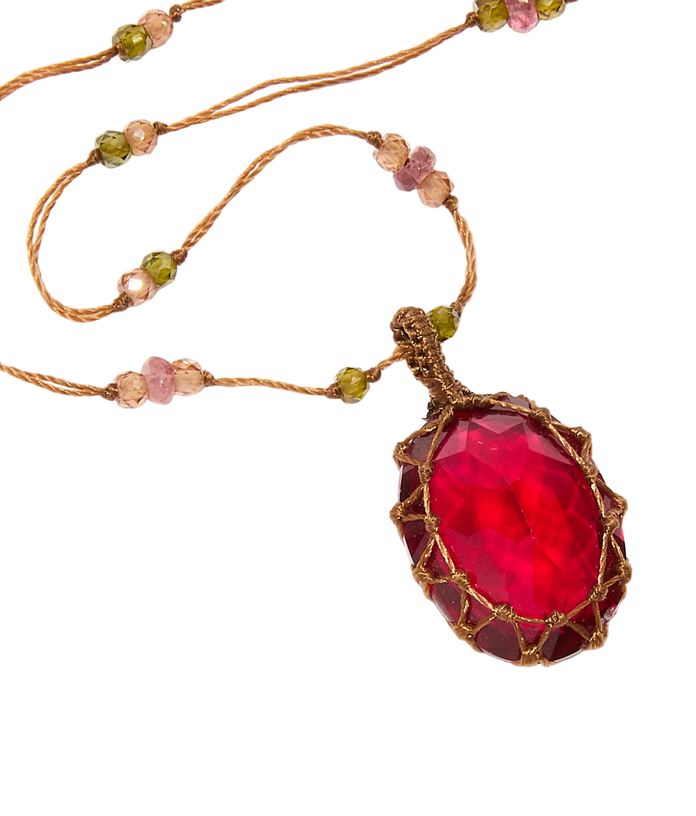 Sautoir tibétain - Indian Glass Rouge - Mix Tourmaline - Fil Tabac