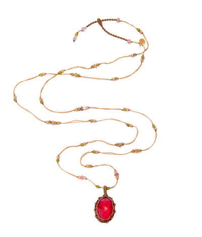 Sautoir tibétain - Indian Glass Rouge - Mix Tourmaline - Fil Tabac
