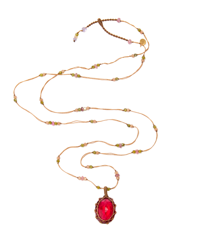 Sautoir tibétain - Indian Glass Rouge - Mix Tourmaline - Fil Tabac