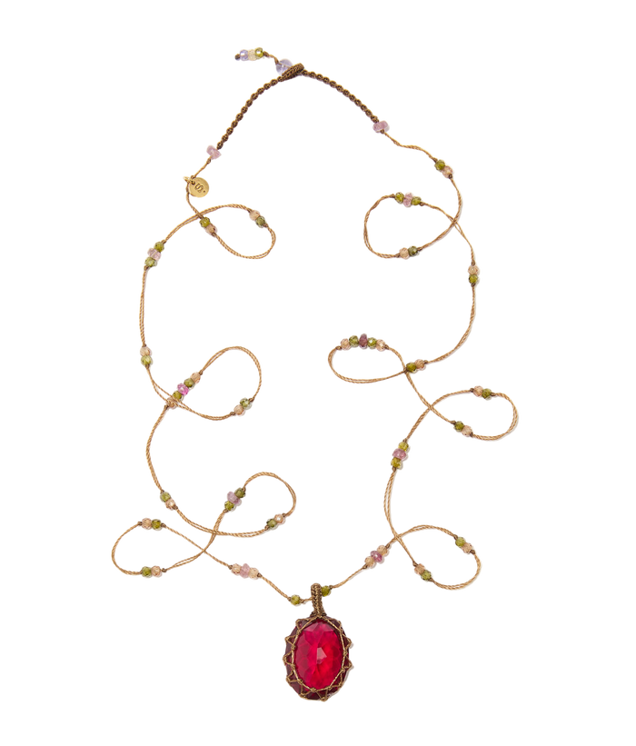 Sautoir tibétain - Indian Glass Rouge - Mix Tourmaline - Fil Tabac