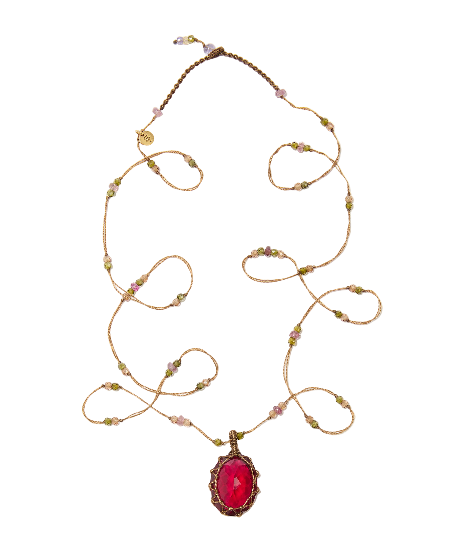 Sautoir tibétain - Indian Glass Rouge - Mix Tourmaline - Fil Tabac