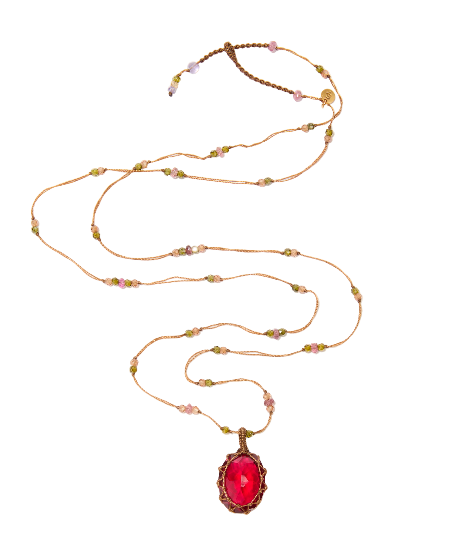 Sautoir tibétain - Indian Glass Rouge - Mix Tourmaline - Fil Tabac