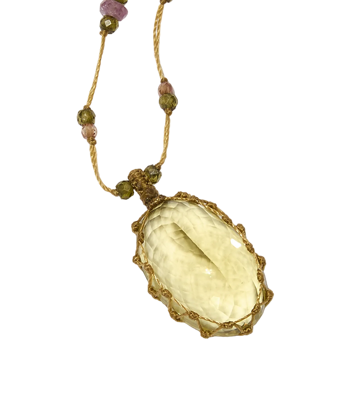 Sautoir tibétain - Lemon Topaze - Mix Multipierre - Fil Beige