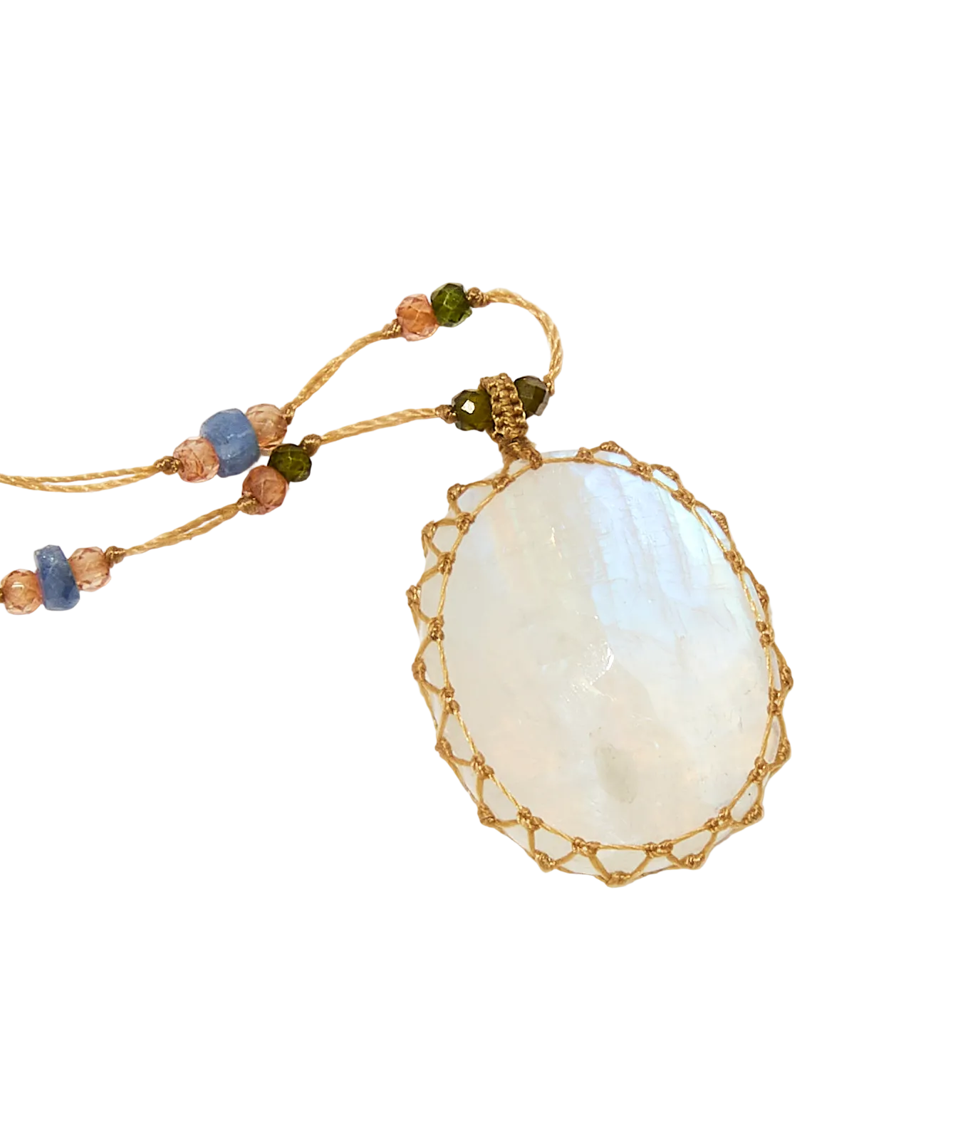 Sautoir tibétain - Moonstone Rainbow - Mix Saphir - Fil Beige