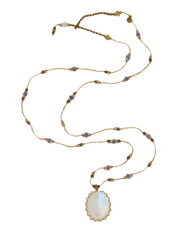Sautoir tibétain - Moonstone Rainbow - Mix Saphir - Fil Beige