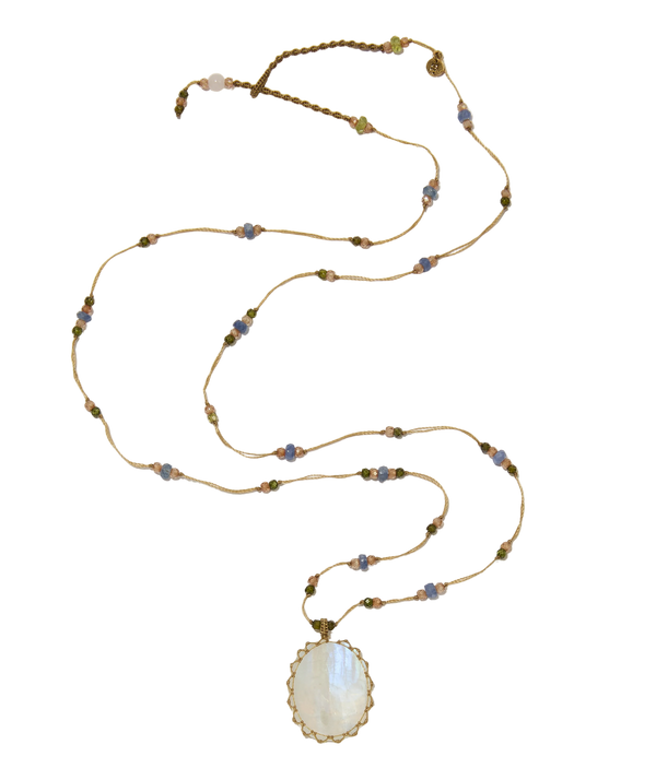 Sautoir tibétain - Moonstone Rainbow - Mix Saphir - Fil Beige
