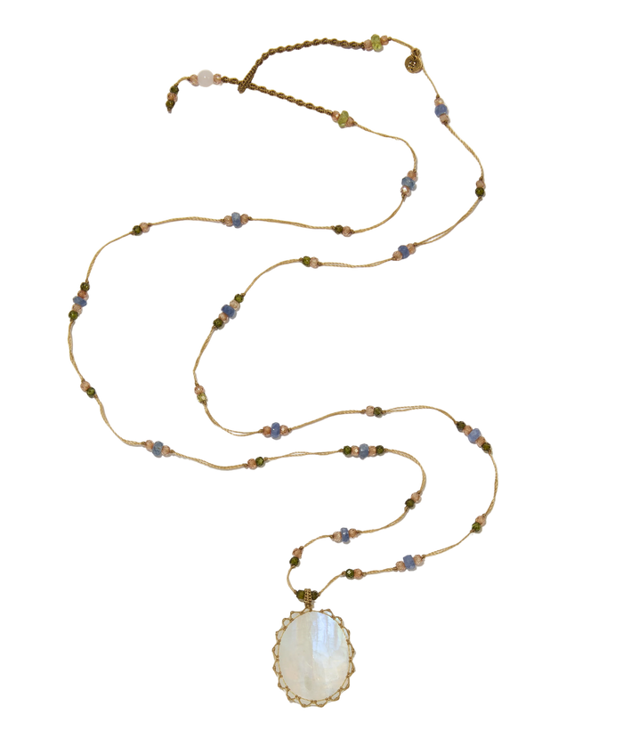 Sautoir tibétain - Moonstone Rainbow - Mix Saphir - Fil Beige