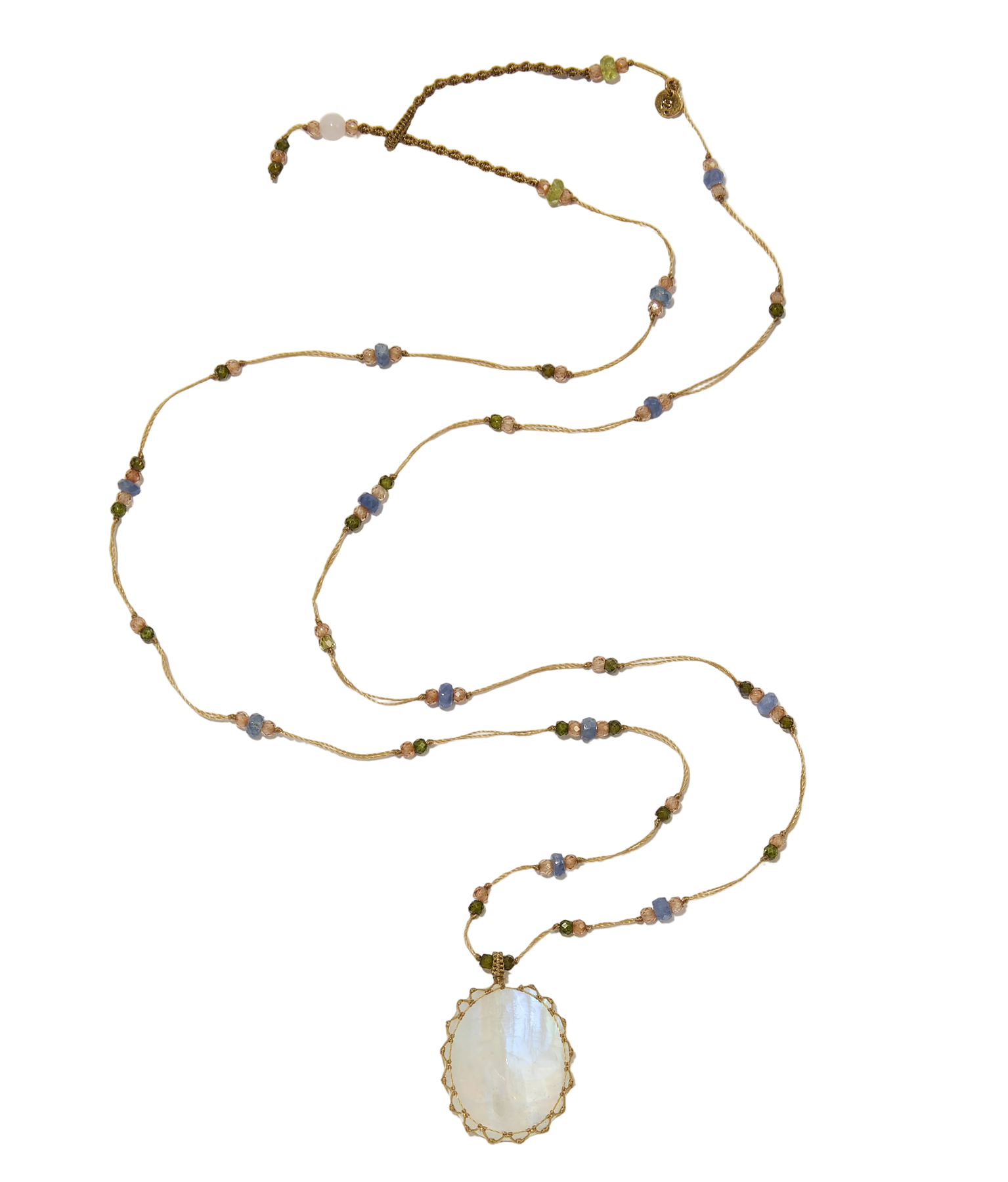 Sautoir tibétain - Moonstone Rainbow - Mix Saphir - Fil Beige