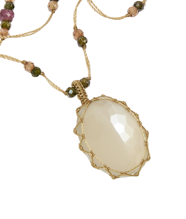 Sautoir tibétain - Pierre de lune - Mix Tourmaline - Fil Beige