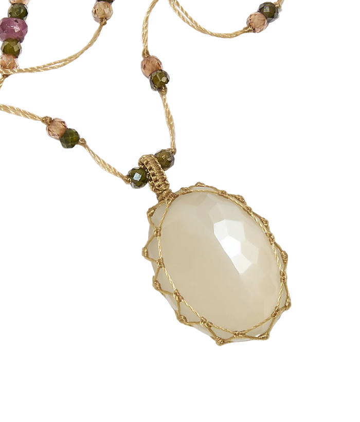 Sautoir tibétain - Pierre de lune - Mix Tourmaline - Fil Beige