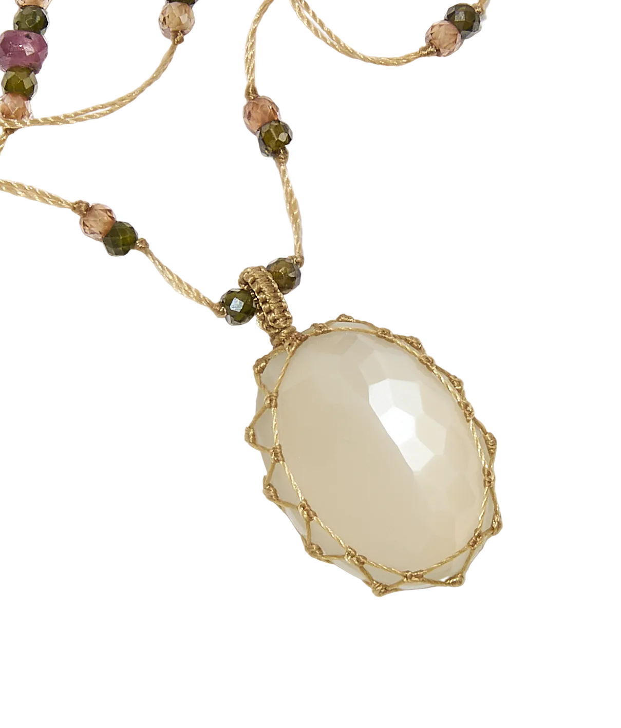 Sautoir tibétain - Pierre de lune - Mix Tourmaline - Fil Beige