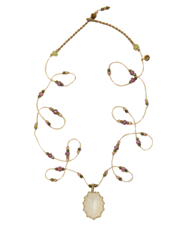 Sautoir tibétain - Pierre de lune - Mix Tourmaline - Fil Beige