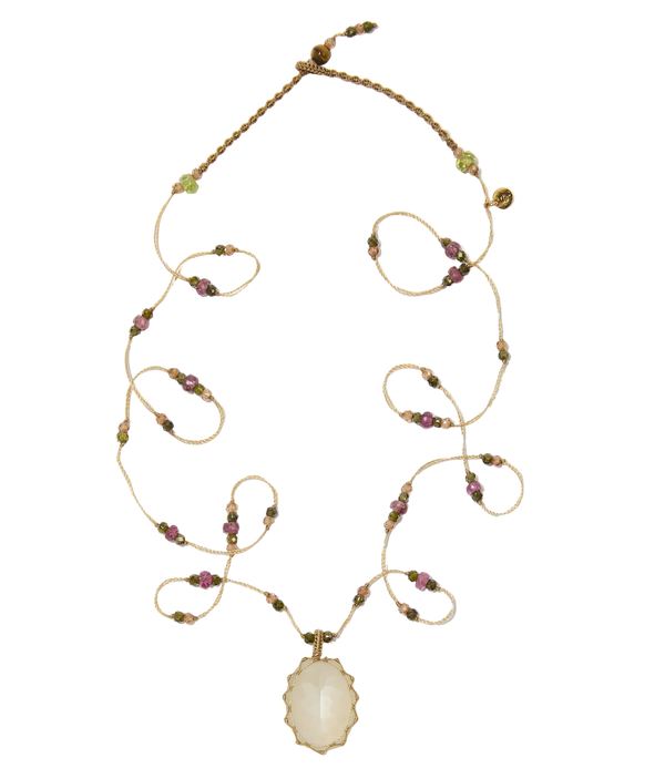 Sautoir tibétain - Pierre de lune - Mix Tourmaline - Fil Beige