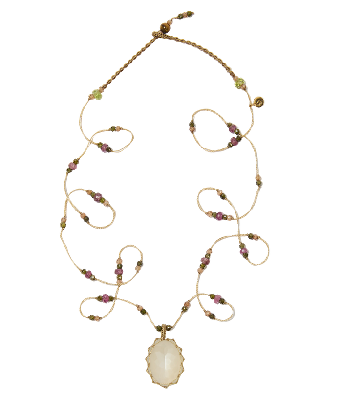 Sautoir tibétain - Pierre de lune - Mix Tourmaline - Fil Beige