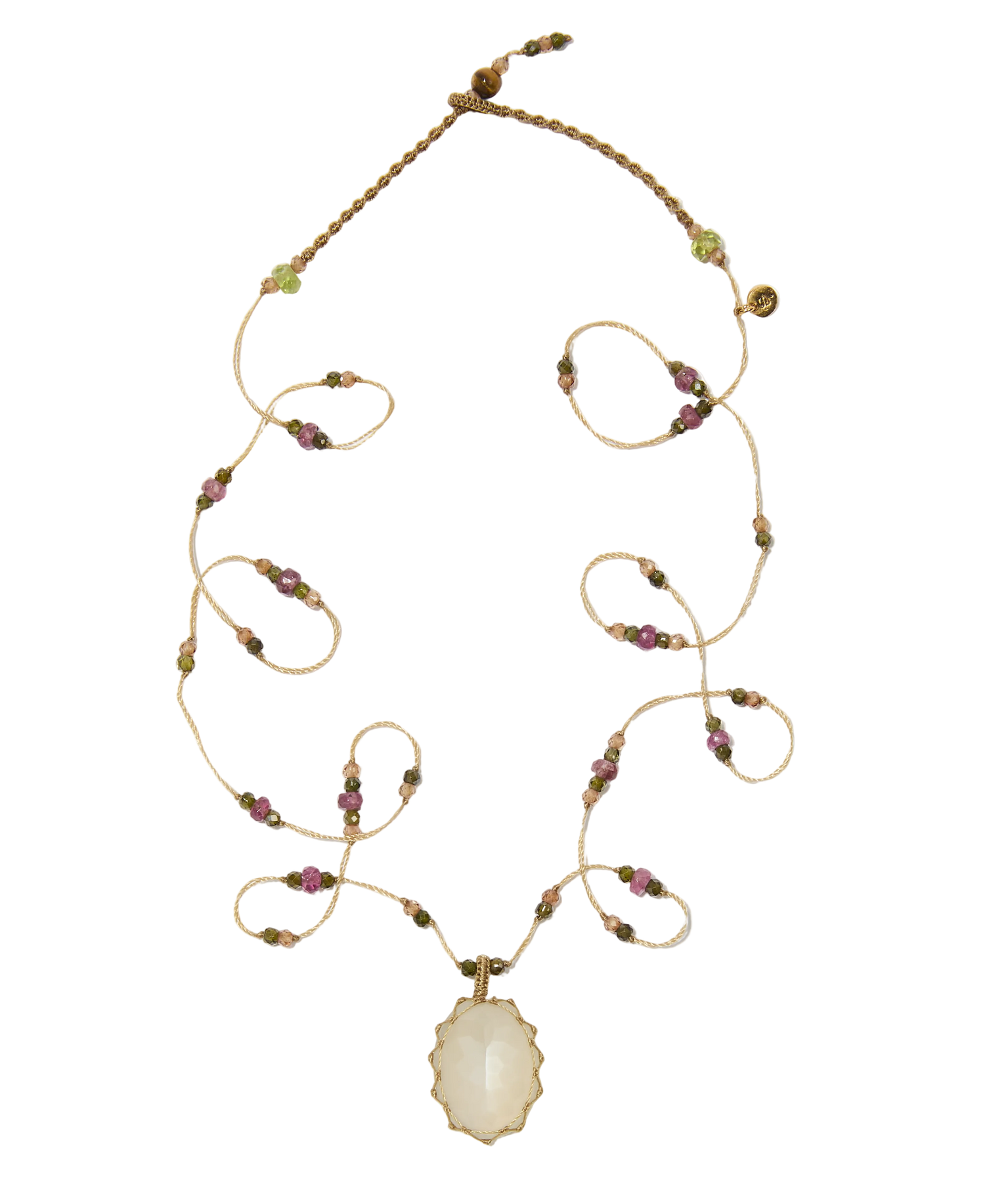 Sautoir tibétain - Pierre de lune - Mix Tourmaline - Fil Beige