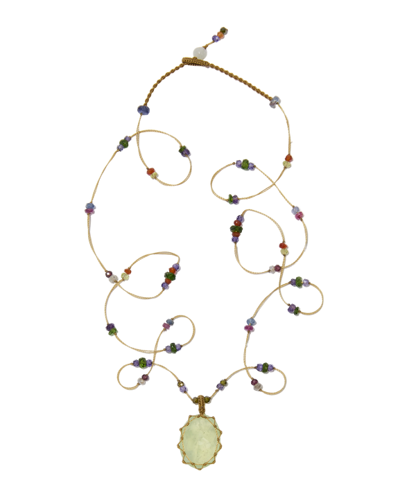 Sautoir tibétain - Prehnite - Mix Multipierre - Fil Beige