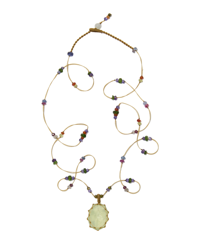 Sautoir tibétain - Prehnite - Mix Multipierre - Fil Beige