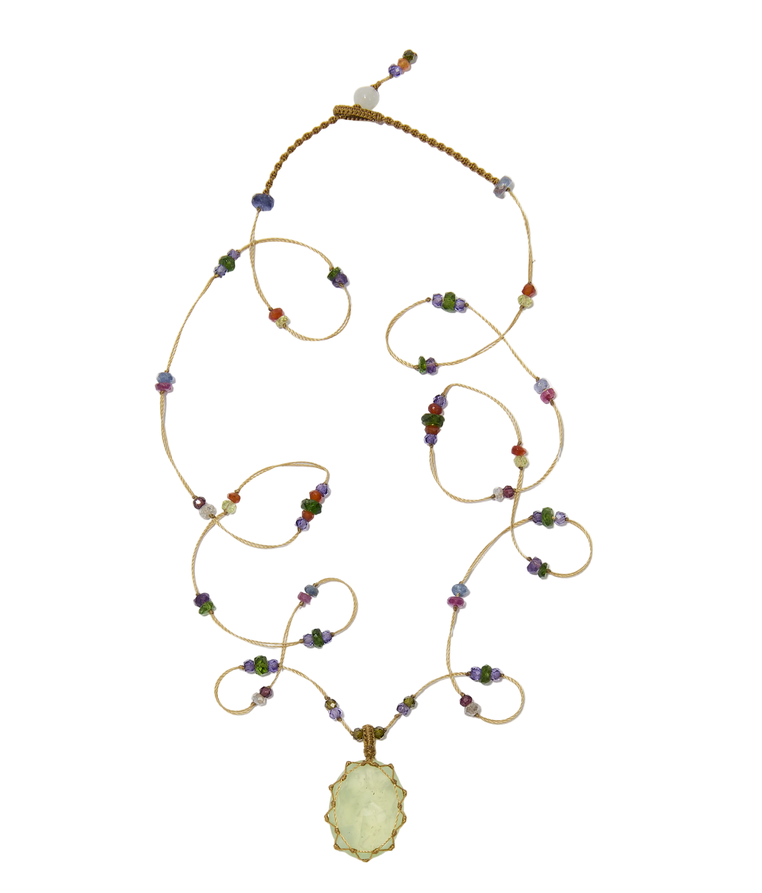 Sautoir tibétain - Prehnite - Mix Multipierre - Fil Beige