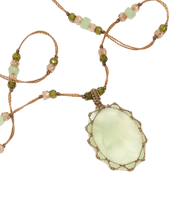 Sautoir tibétain - Prehnite - Mix chrysophrase - Fil Tabac