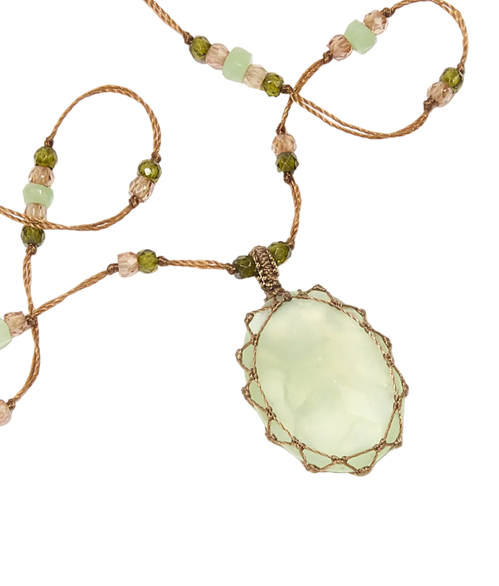 Sautoir tibétain - Prehnite - Mix chrysophrase - Fil Tabac