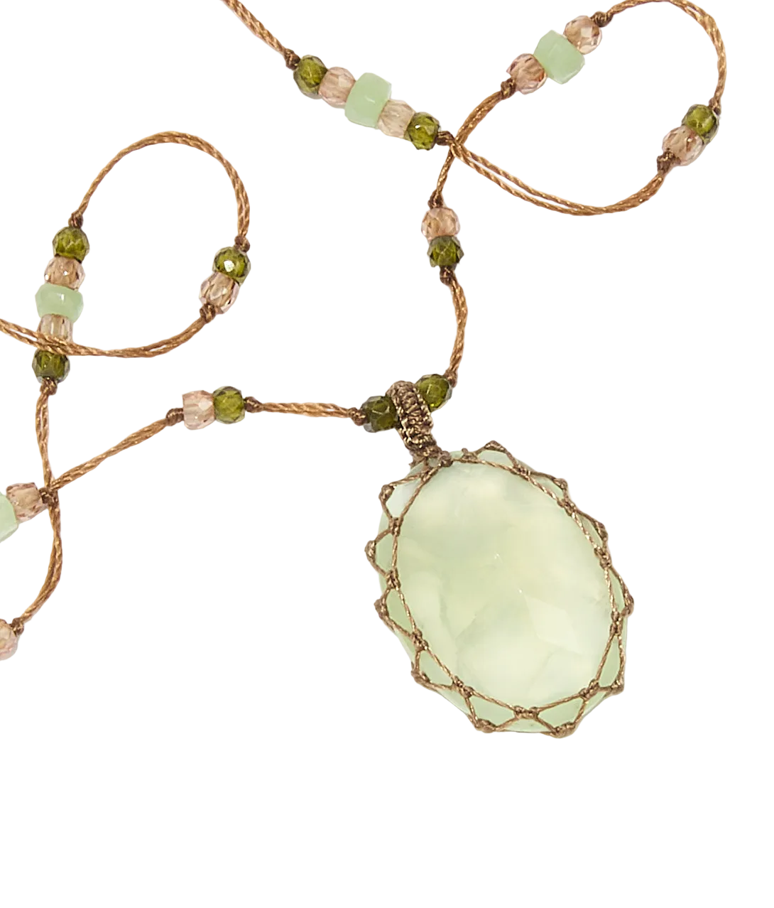 Sautoir tibétain - Prehnite - Mix chrysophrase - Fil Tabac