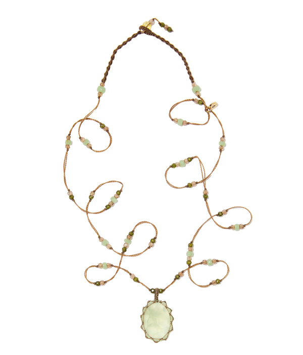 Sautoir tibétain - Prehnite - Mix chrysophrase - Fil Tabac