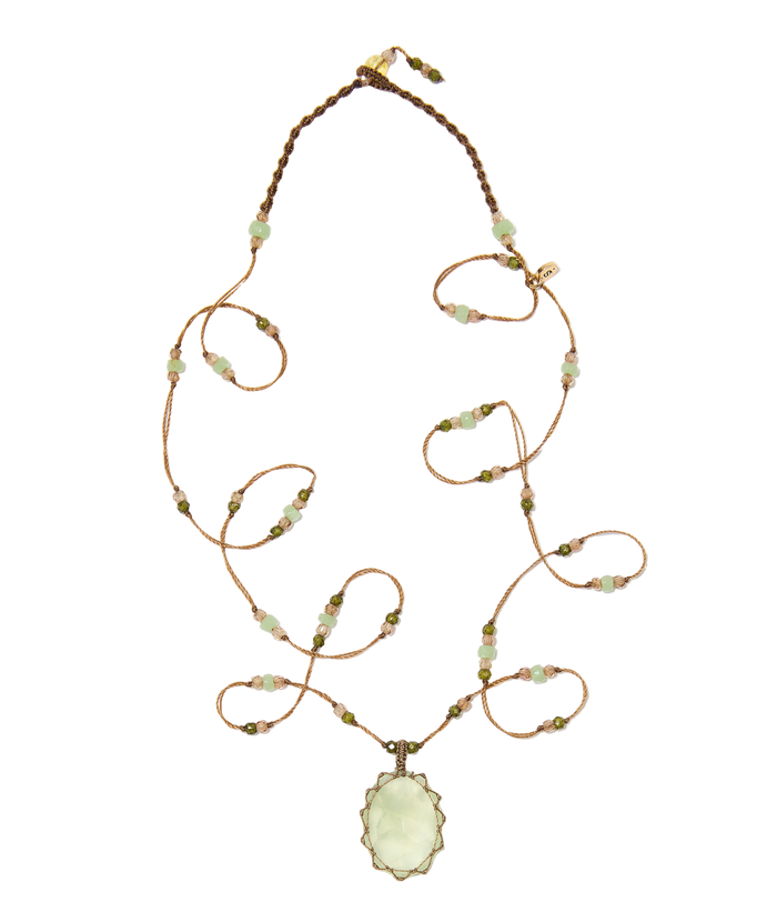 Sautoir tibétain - Prehnite - Mix chrysophrase - Fil Tabac