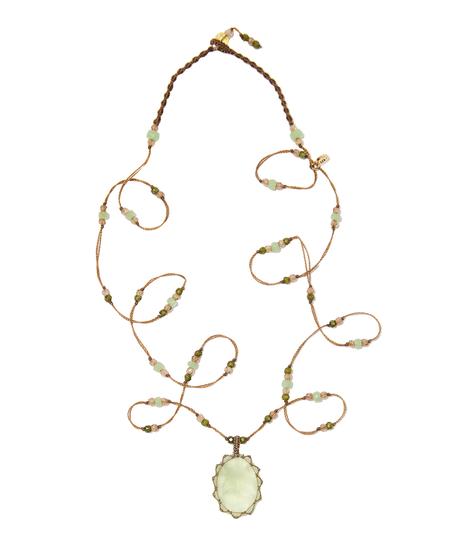 Sautoir tibétain - Prehnite - Mix chrysophrase - Fil Tabac