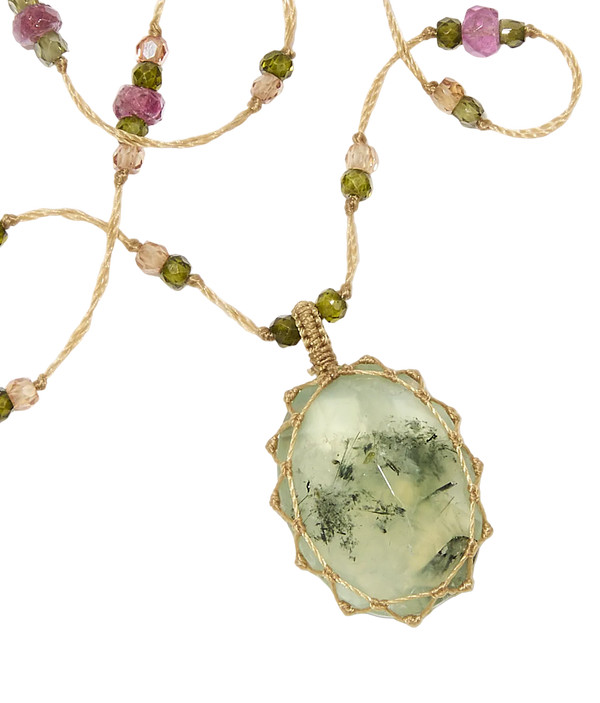 Sautoir tibétain - Prehnite Rutile - Mix Tourmaline - Fil Beige